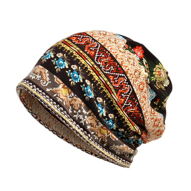 Women Vintage Flower Print Sun Block Muslim Cap Stretch Turban Hat Head Scarf 